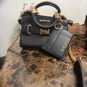 bebe Black Mini Satchel with Gold Hardware and Cardholder